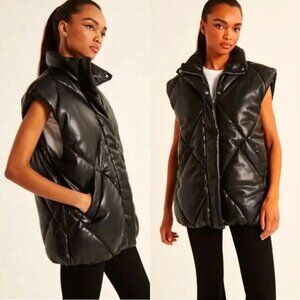 nwt ABERCROMBIE & FITCH Oversized Vegan Leather Diamond Puffer Vest, Black (XL)